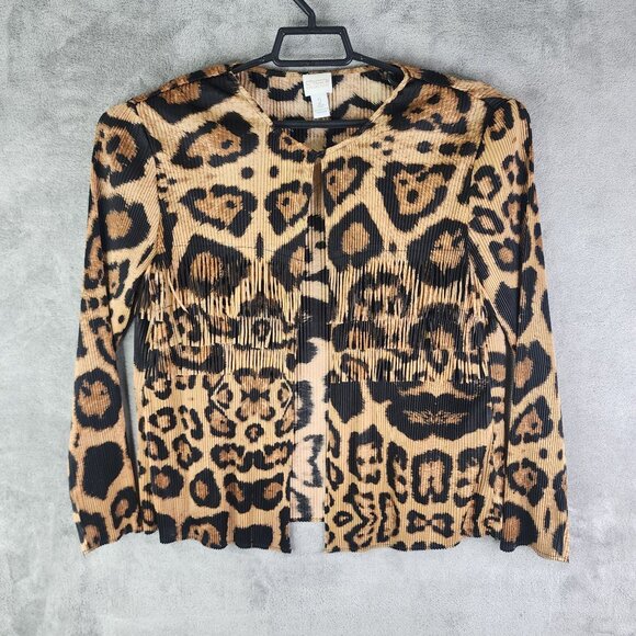 Womens Chicos Collection Leopard Print Pleated & Fringe Cardigan Top Size 2 (L) - Picture 2 of 10